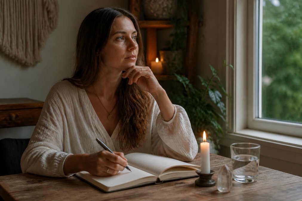 Benefits of Distant Spirit Healing Sessions 2 A calm, minimal wooden table with a single lit white candle, a small clear quartz crystal, and an open journal beside a glass of water, set against a softly blurred background of warm indoor light