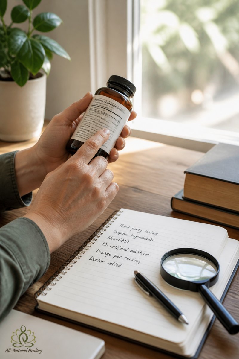 Close-up of hands holding an herbal supplement bottle up to a window light, with a magnifying glass and handwritten product label notes on a wooden table nearby
