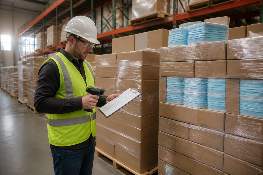 A warehouse worker in safety gear organizing pallets of boxed face masks in a clean, well-lit industrial storage facility, with a clipboard and inventory scanner visible in the foreground