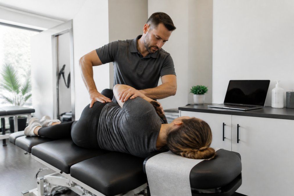 A chiropractor in a bright modern clinic adjusting a patient on a treatment table, with a laptop open on a nearby counter showing a website dashboard
