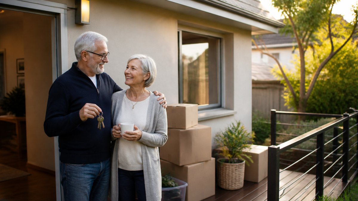 Smiling couple holding keys outside their new, compact home after downsizing a family home in Melbourne.