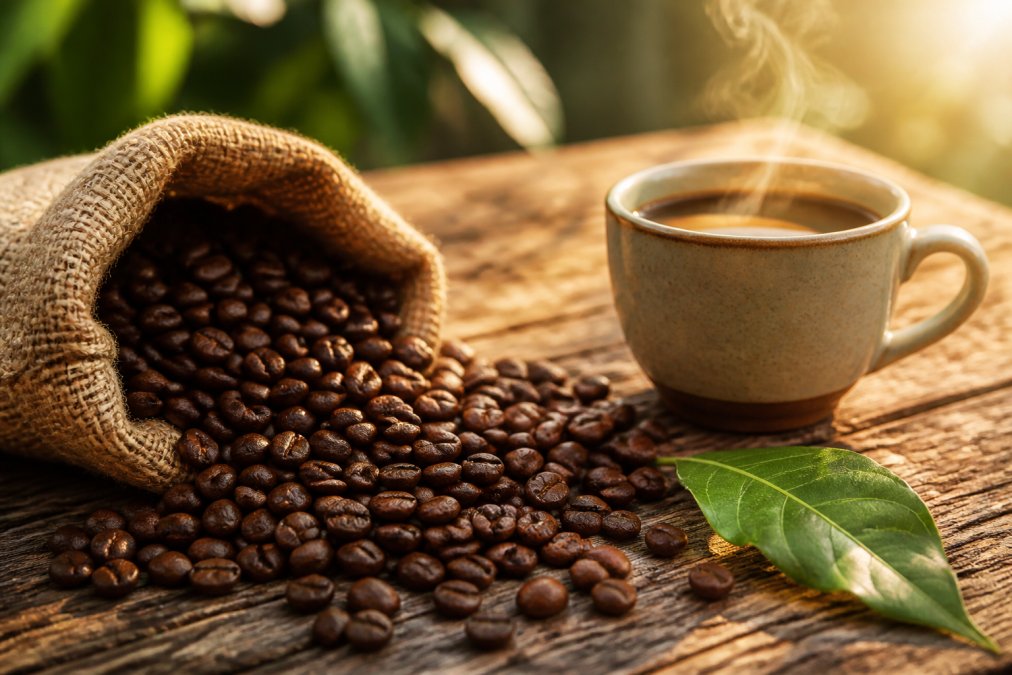 Close-up of freshly roasted coffee beans spilling from a burlap sack onto a weathered wooden table, with a steaming ceramic cup and a single green coffee plant leaf resting beside it in warm morning light
