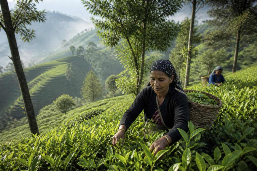Tea farmers harvesting fresh green leaves by hand in a lush, misty tea estate with terraced hillsides and shade trees creating dappled morning light