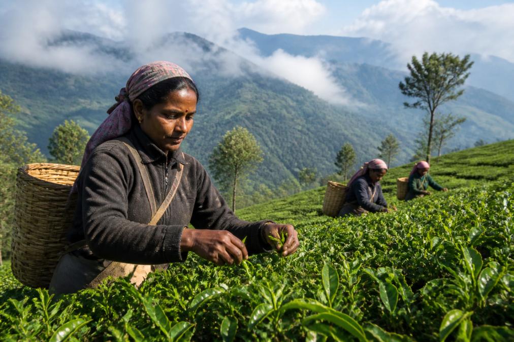 Hands of tea estate workers carefully picking fresh tea leaves in afternoon sunlight, with mountains visible in the misty background and other workers visible across the terraced field