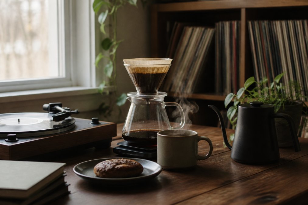 A warm morning scene with a pour-over coffee setup on a wooden table beside a turntable spinning a vinyl record, steam rising from a ceramic mug, soft window light