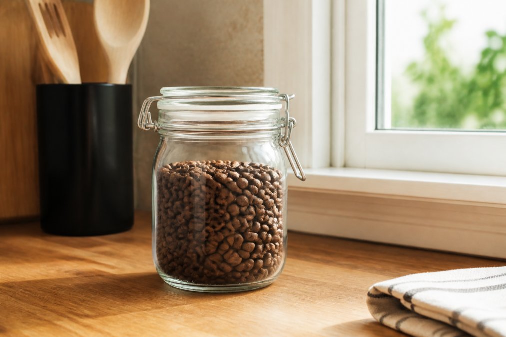 Kitchen counter scene with airtight glass container filled with roasted coffee beans positioned away from direct sunlight near a window with soft natural light, showing proper storage setup