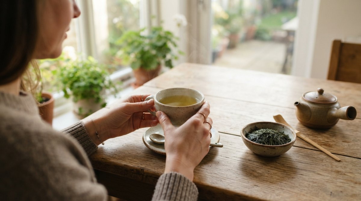 Person holding a delicate ceramic cup of freshly brewed green tea in morning sunlight, with loose-leaf green tea leaves visible in a small ceramic bowl on a wooden table