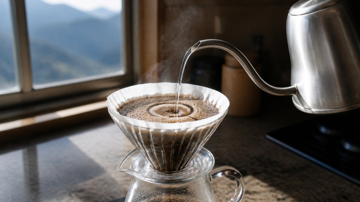 A glass pour-over dripper mid-brew on a kitchen counter, dark coffee grounds blooming under a slow spiral of hot water, steam catching soft window light