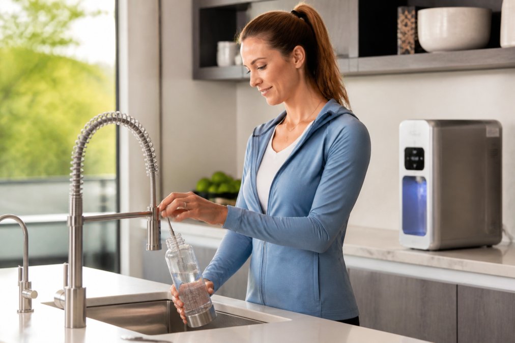 Person filling a portable hydrogen water bottle in a bright, modern kitchen with a machine on the counter.