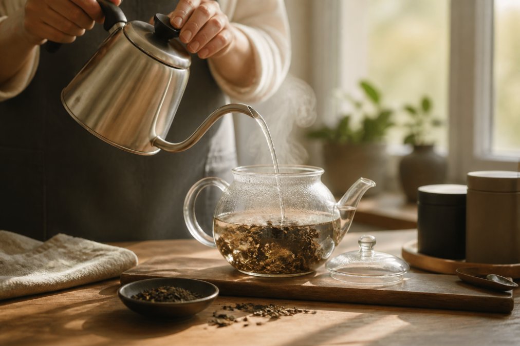 Hot water being poured from a kettle into a glass teapot with loose leaf tea in warm morning light