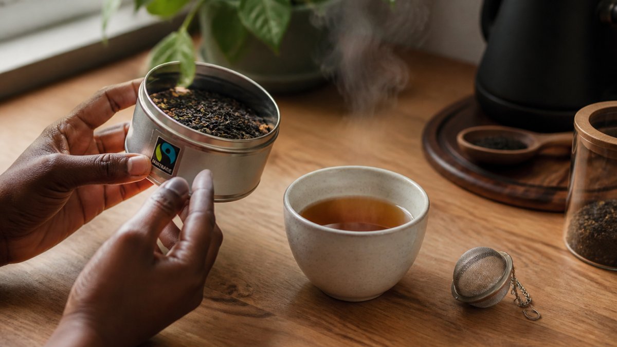 Close-up of hands holding a loose leaf tea tin and inspecting the certification label, with a steaming cup of tea and a stainless steel infuser on a wooden kitchen counter