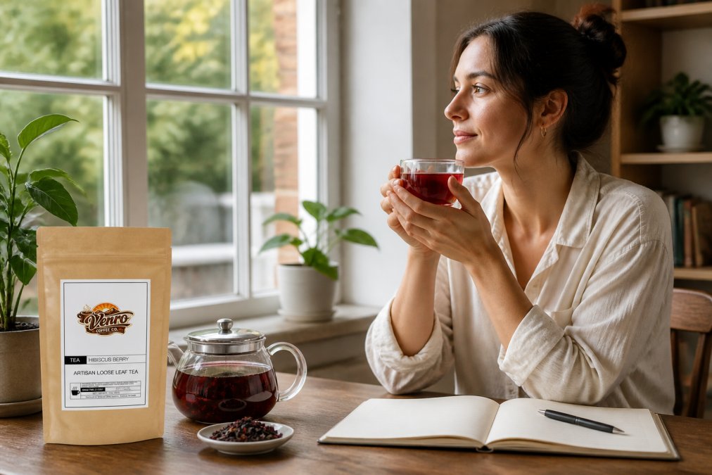 Person holding a warm cup of brewed tea, sitting by a window in natural light, appearing calm and focused with a notebook nearby