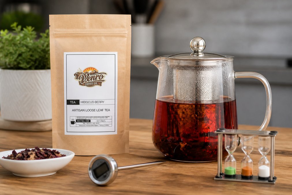 Close-up of loose leaf tea steeping in a glass infuser with hot water, showing the color change and leaf unfurling, with a timer and thermometer nearby on a wooden surface