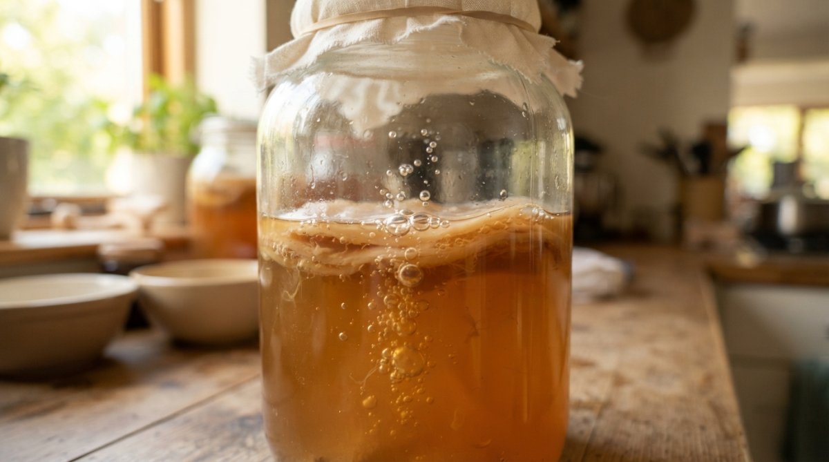 Close-up of a SCOBY floating in amber-colored fermented tea with visible bubbles rising through the liquid, showing active fermentation in a glass jar with natural light filtering through