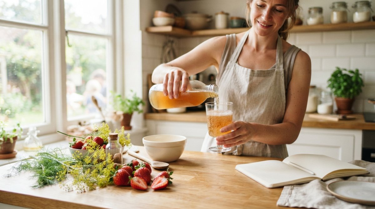 Person pouring raw kombucha from a bottle into a clear glass at a home kitchen counter, with fresh strawberries, fennel flowers, and other botanicals arranged nearby, natural sunlight streaming through a window