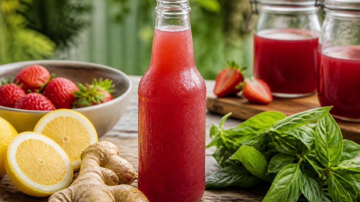 Infographic illustrating the step-by-step fermentation process of crafting fruit and herb-infused vinegar sodas