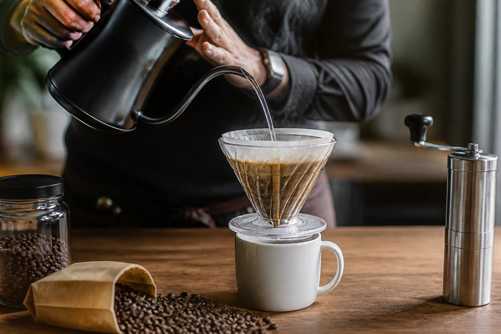 Hands pouring hot water over coffee grounds in a pour-over dripper, with steam rising, a white ceramic cup positioned below, and fresh single-origin beans scattered nearby on a warm wooden surface