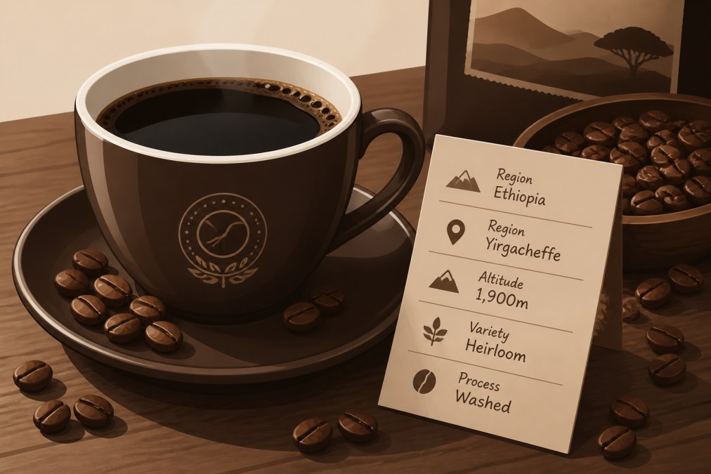 Close-up of a freshly brewed cup of black coffee on a wooden table, with a small handwritten card showing origin details like region and altitude, surrounded by whole coffee beans in warm natural light