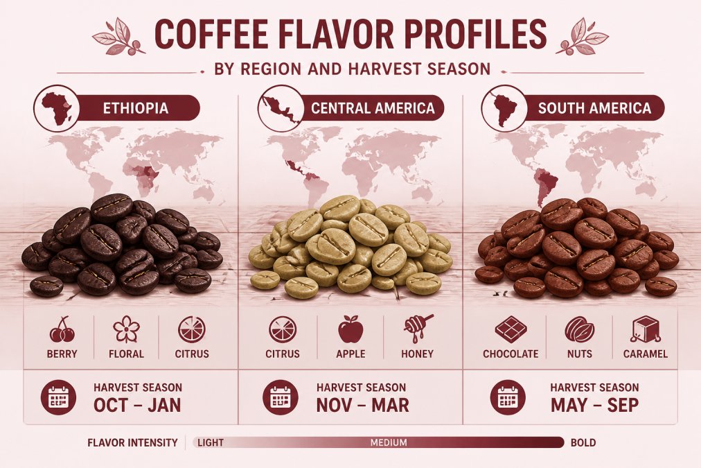 Close-up arrangement of coffee beans from different origins displayed by region, dark Ethiopian beans showing deep color, bright green-tinged Central American beans, and rich brown South American beans, arranged on a natural wooden surface with soft morning light