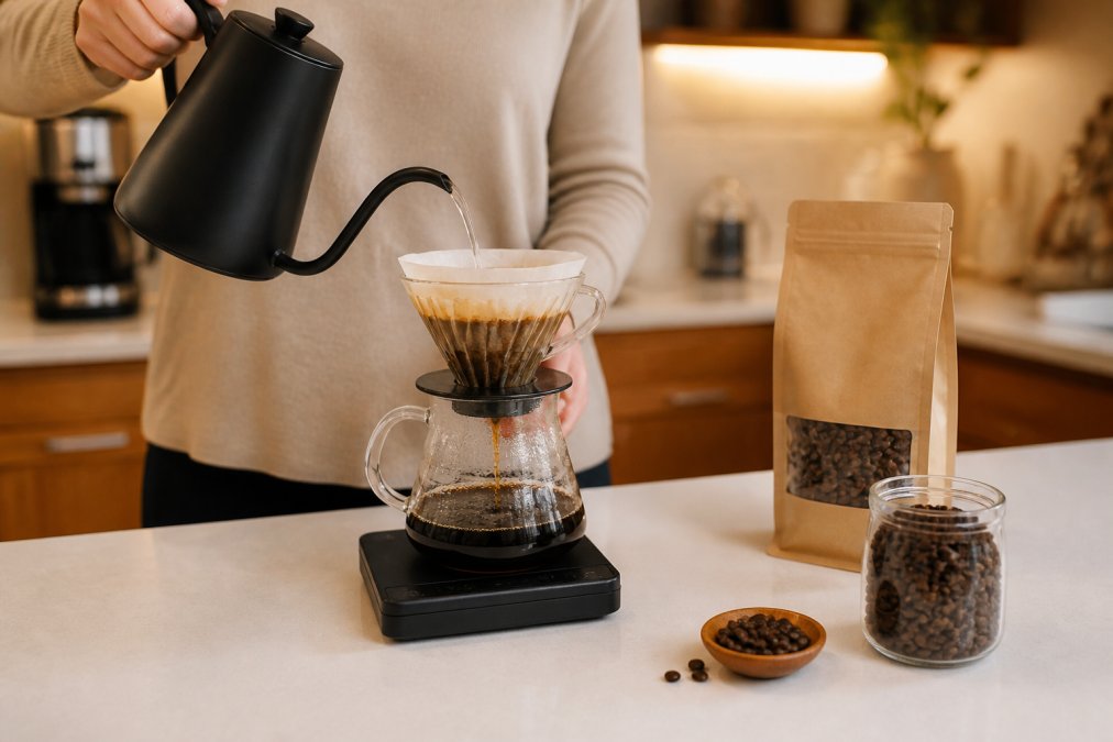 Hands pouring hot water from a gooseneck kettle over a pour-over coffee dripper, with a bag of single origin coffee beans and a digital scale on a clean white counter, warm kitchen lighting in the background
