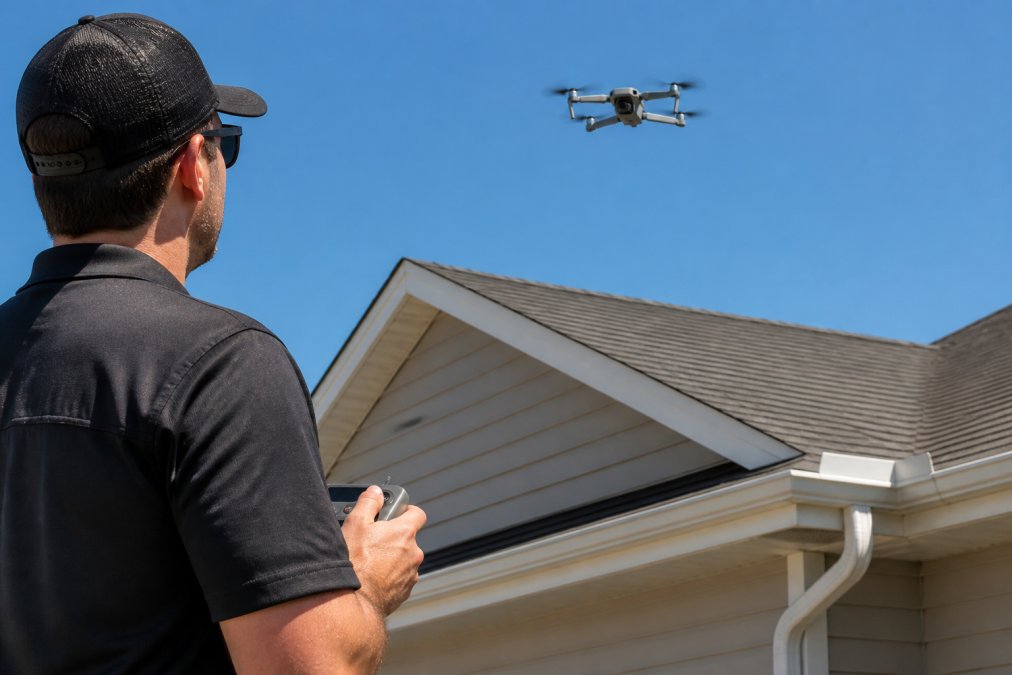 Certified inspector using a DJI drone for home inspections to assess the condition of a residential roof and gutters