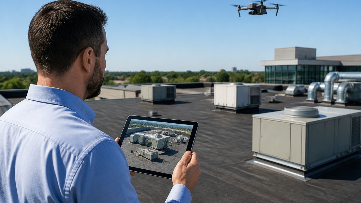 A property manager in business casual attire standing on a commercial building rooftop, looking at a tablet displaying live aerial drone footage of the building's roof and HVAC units, with a drone hovering in the background against a clear blue sky