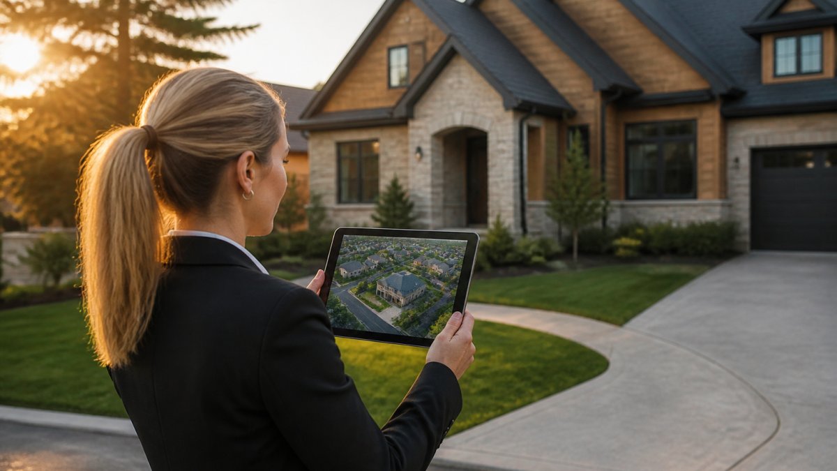Real estate agent using a tablet to review drone photography of a residential property at golden hour