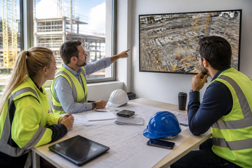 Team of engineers and project managers reviewing aerial drone footage on a large monitor in a construction site office, with blueprints and tablets visible on the desk, natural daylight streaming through large windows