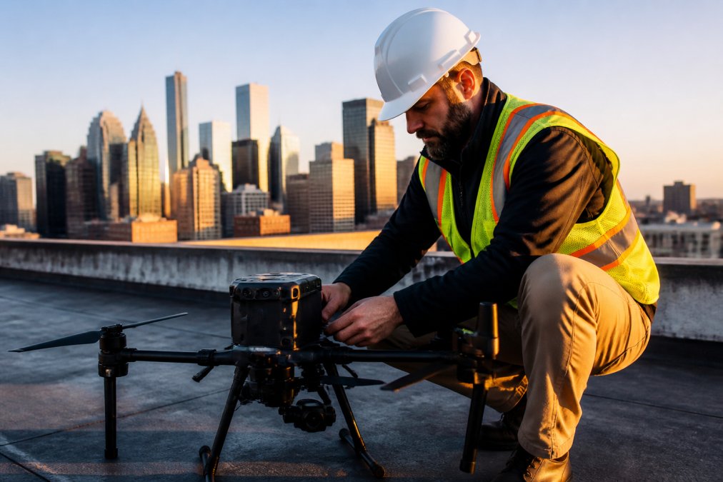 Certified drone pilot conducting a pre-flight inspection of a commercial drone on a rooftop with the city skyline visible in the background, early morning light illuminating the equipment