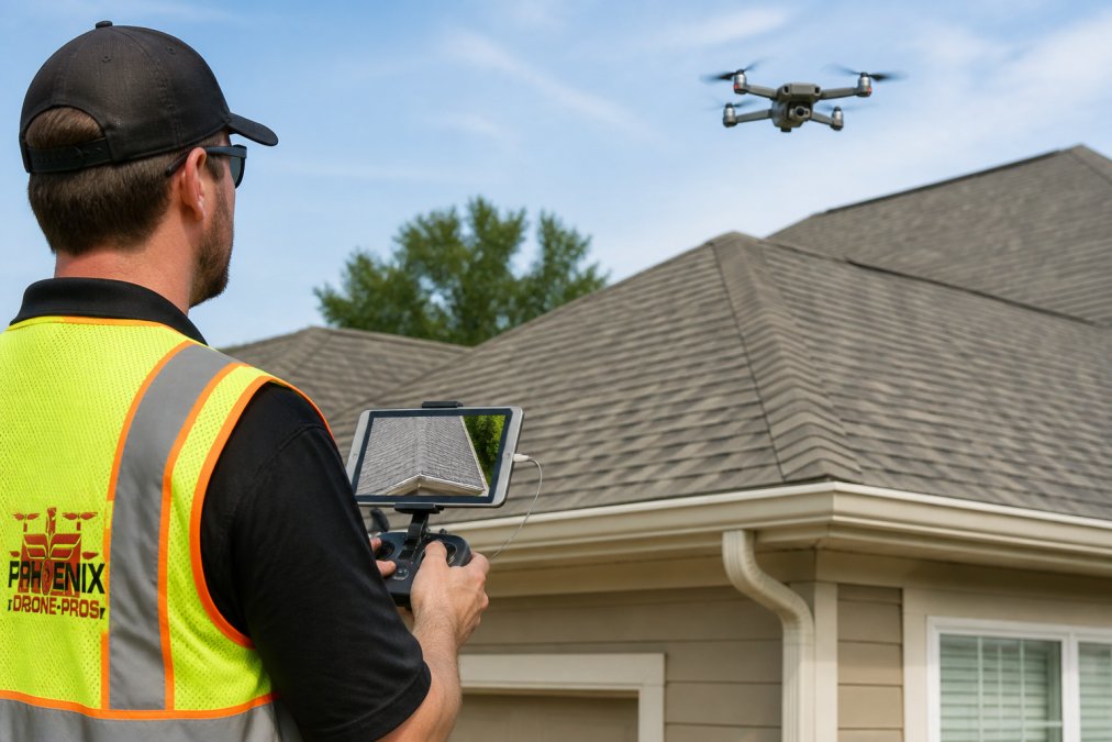 Drone pilot using a tablet to conduct drone roof inspections of shingles and gutters