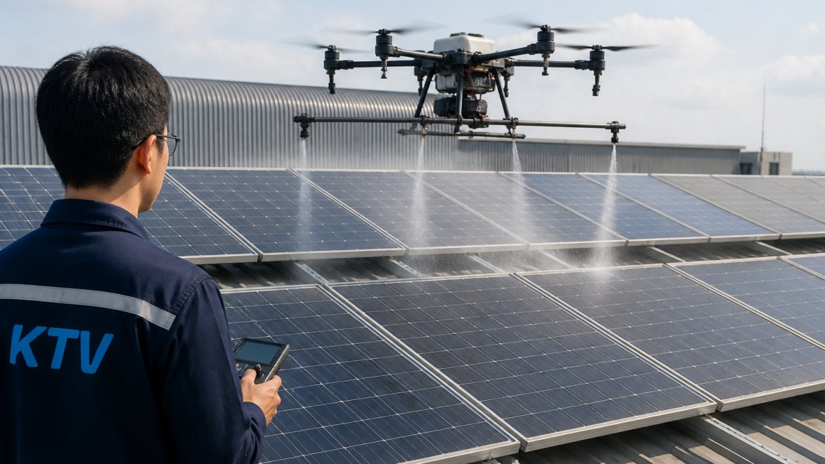 Professional drone hovering above a large rooftop solar array with multiple panels visible, showing the drone's proximity and maneuverability in an operational cleaning scenario