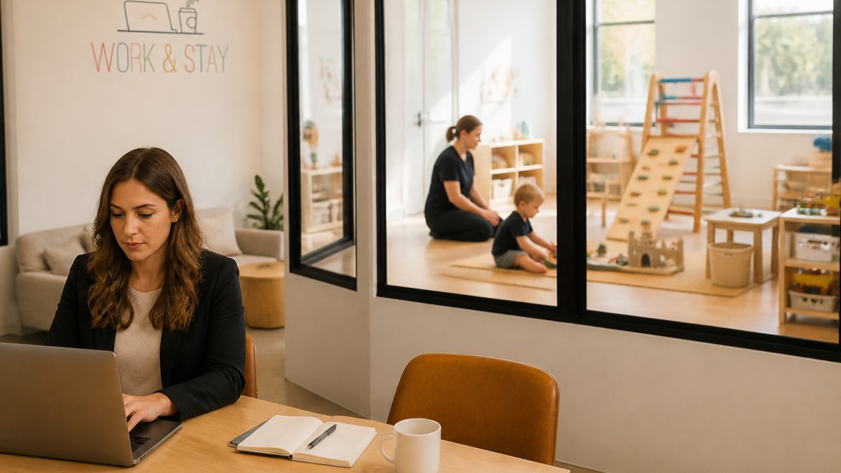 Professional parent working at a laptop in a bright, modern coworking space with glass dividers, while a young child plays safely in a separate supervised indoor play area visible through a window