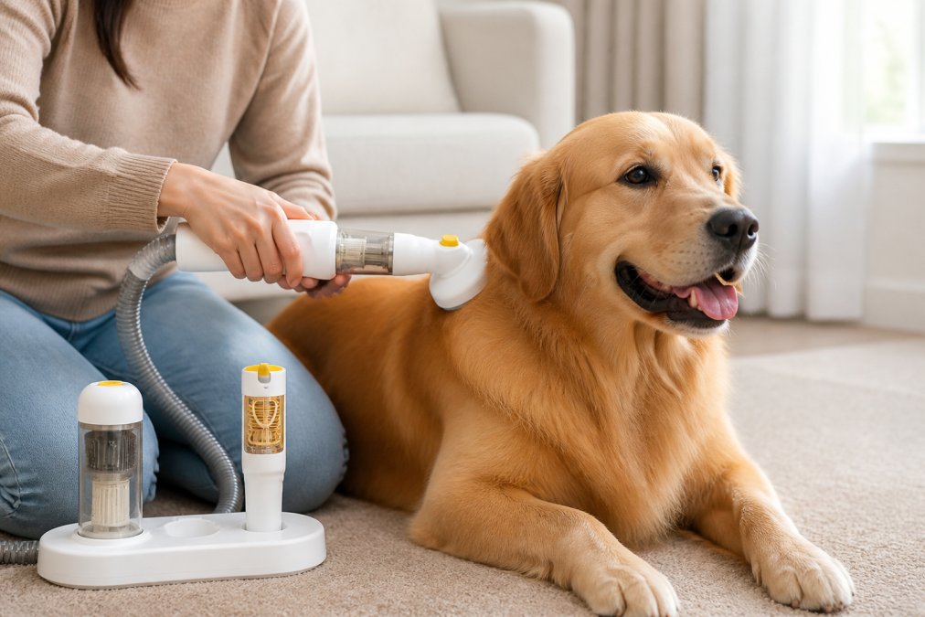 Pet owner using a quality deshedding tool on a dog's coat with gentle bristles making contact with healthy fur, the dog appearing calm and comfortable during grooming in natural lighting