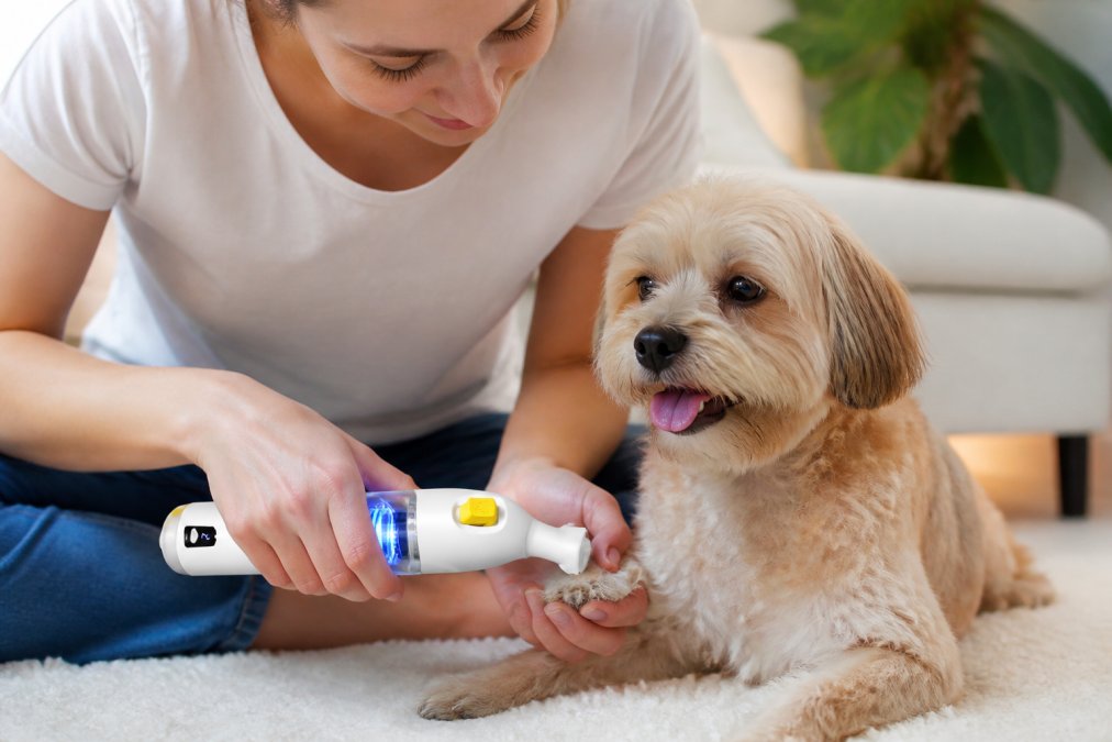 Pet owner carefully using a quiet nail grinder on a small dog's paw, demonstrating proper handling with the dog's relaxed posture during the grooming process in a comfortable home setting