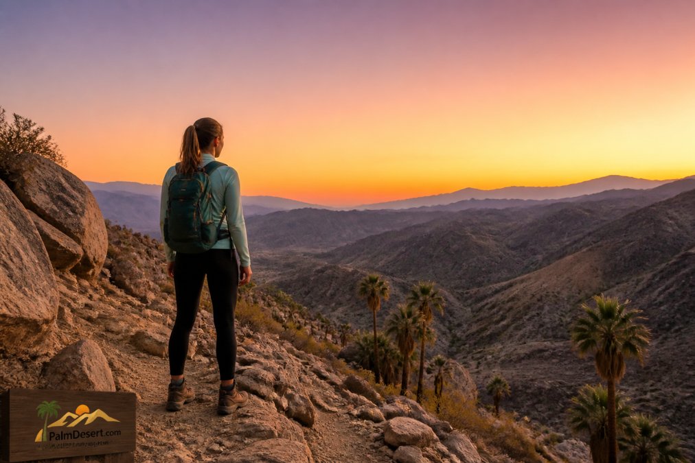 A hiker standing on a rocky desert trail at first light, looking out over rugged mountains and scattered palms as the sky turns orange and pink