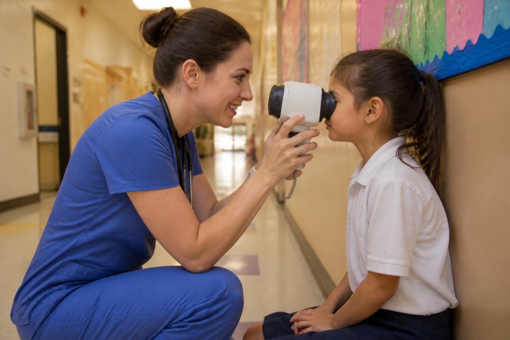A friendly school nurse in a bright elementary school hallway kneeling beside a young student, using a handheld vision screening device while the child looks into the lens
