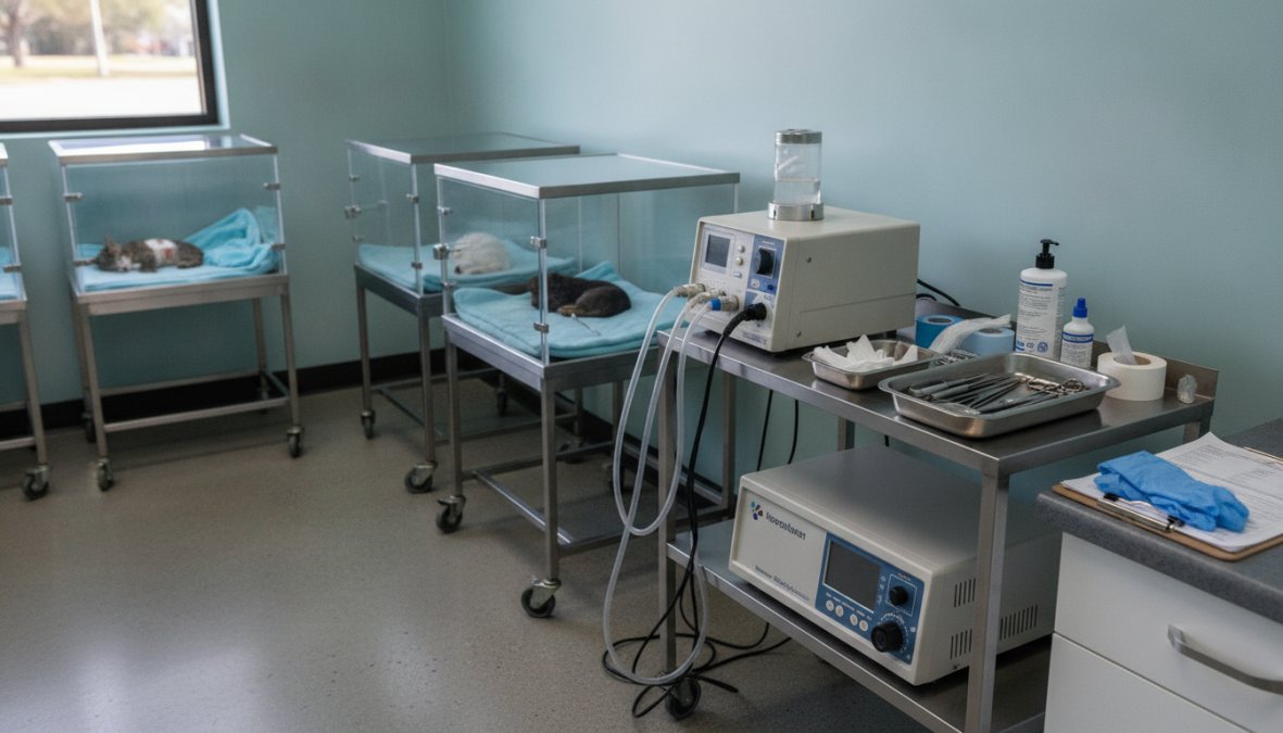 Veterinary surgeon in surgical attire performing procedure in clean, well-lit operating room with advanced surgical equipment visible