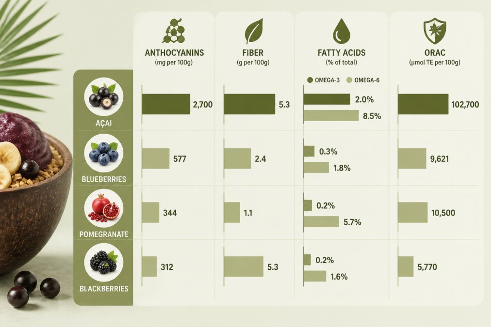 Bar chart showing anthocyanin content in authentic açai compared to blueberries, pomegranate, and blackberries, measured in mg per 100g; fiber content in grams; omega-3 and omega-6 fatty acid percentages; ORAC antioxidant capacity units