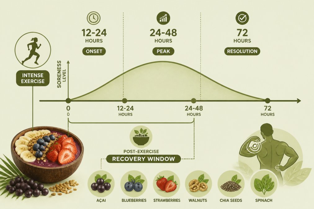 Timeline of delayed-onset muscle soreness after intense exercise: soreness onset at 12-24 hours, peak at 24-48 hours, resolution by 72 hours, with antioxidant-rich food timing marked at the post-exercise recovery window
