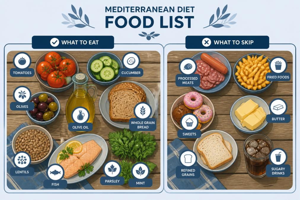 Overhead flat-lay of a colorful spread of Mediterranean ingredients on a rustic wooden table: fresh tomatoes, cucumber, olives, a bottle of extra-virgin olive oil, whole grain bread, dried lentils, a fresh fish fillet, and bunches of parsley and mint in warm natural light