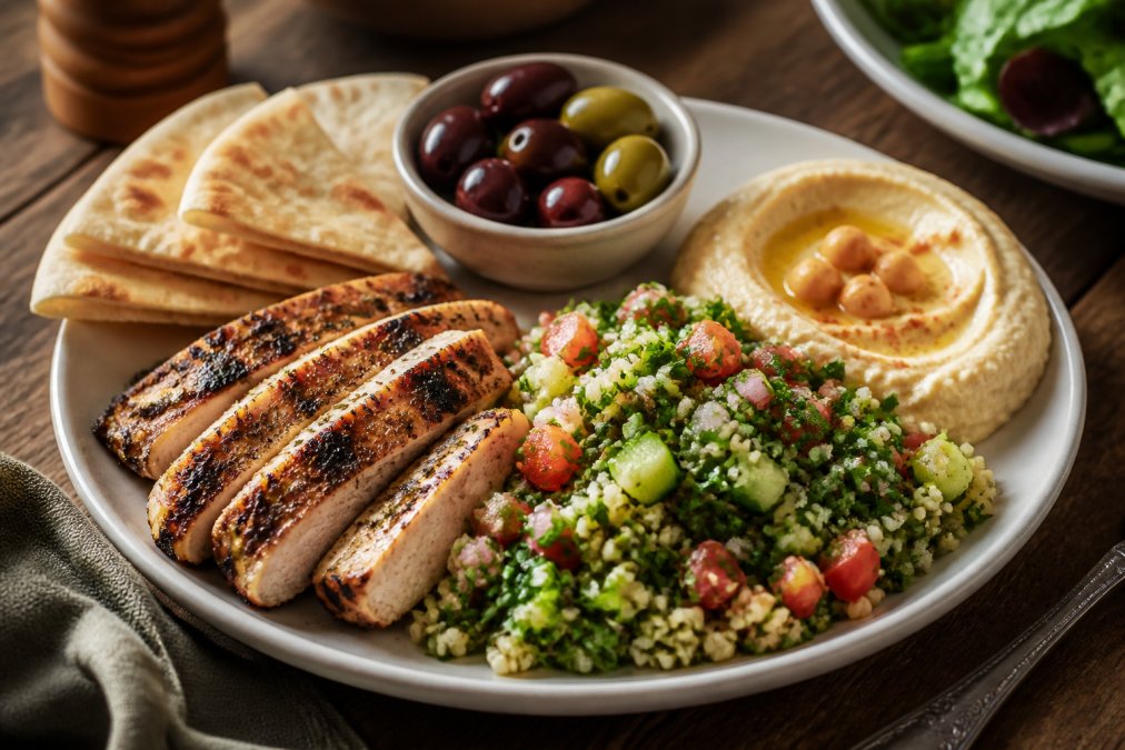 Close-up of a freshly prepared Mediterranean meal plate with grilled chicken, golden tabbouleh, creamy hummus, warm pita bread, and a small dish of olives, presented on a rustic wooden surface under warm restaurant lighting