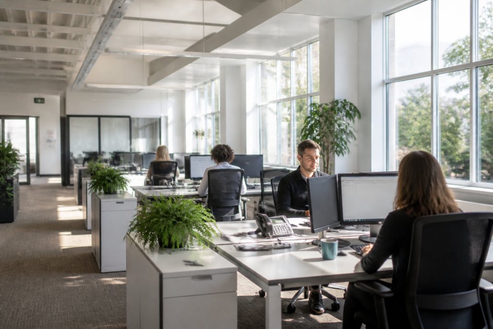 Bright, modern office space with large windows showing natural light streaming across desks where employees work comfortably at their workstations