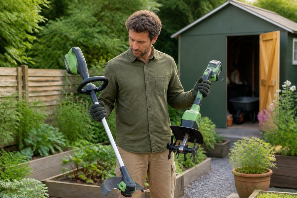 Comparison diagram for choosing eco-friendly gardening tools featuring a string trimmer and a handheld cultivator.