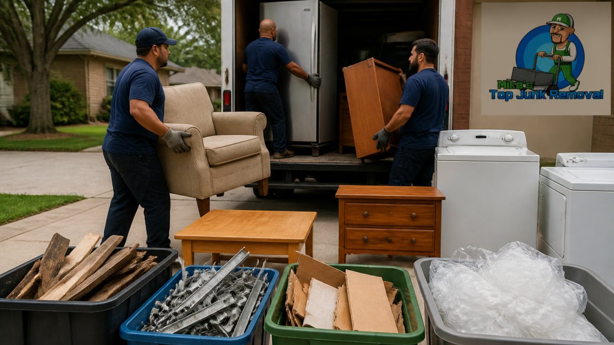 Professional junk removal team loading furniture and appliances into truck with items organized by material type for recycling and reuse