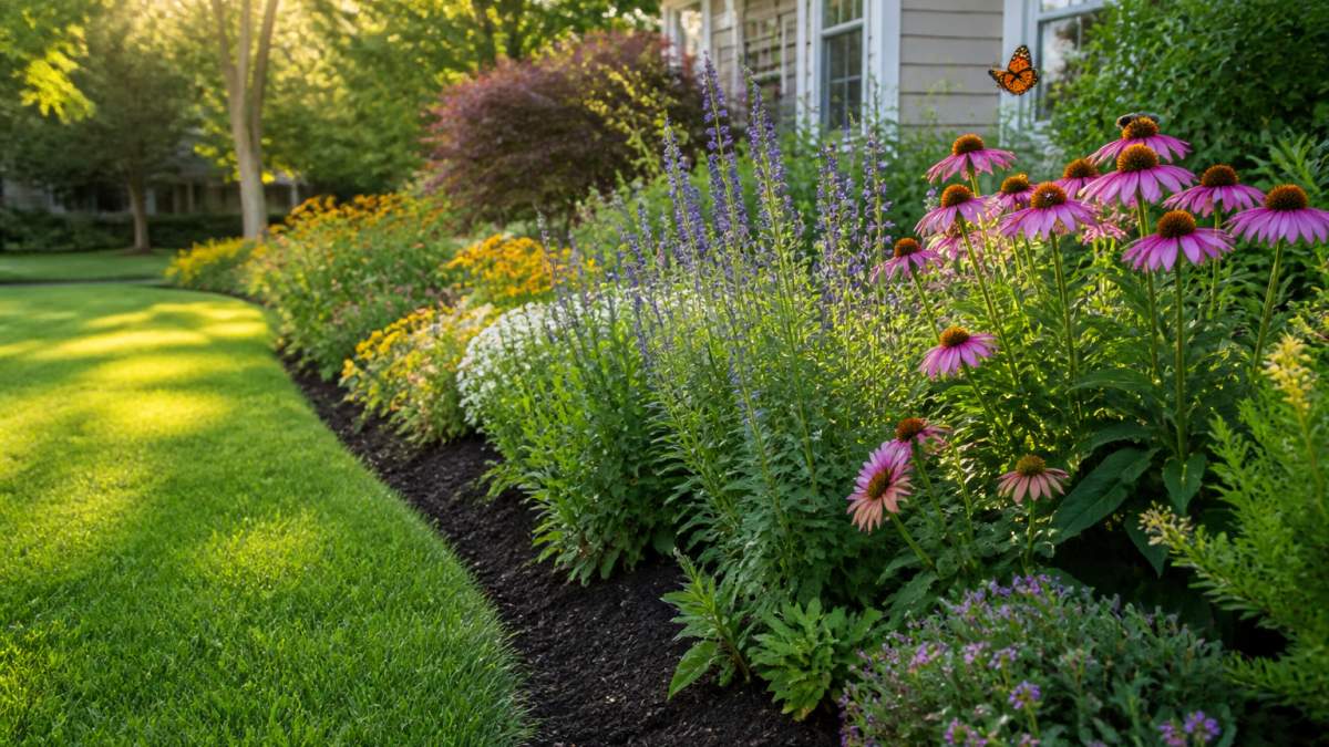 Lush garden with native plants and pollinators, demonstrating the beauty of eco-friendly yard maintenance.
