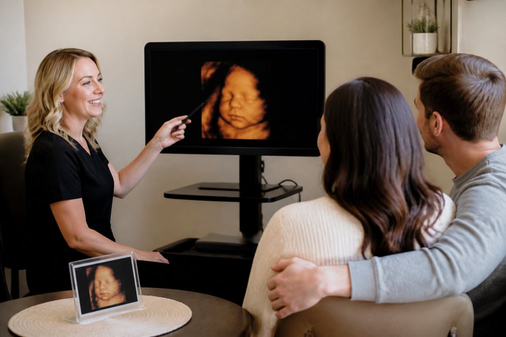 Expectant couple sitting together in a comfortable, softly lit room watching a 3D ultrasound screen, with a sonographer guiding them and a printed keepsake photo on the table nearby
