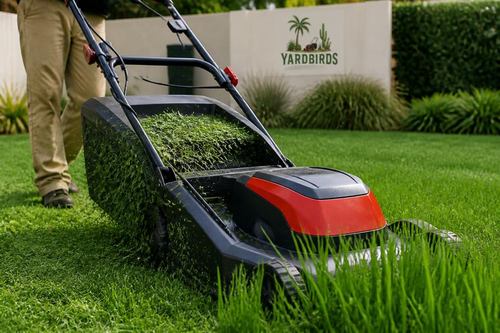 Close-up of an electric lawn mower cutting through thick grass in a residential garden, showing the blade engagement and grass discharge, with natural daylight