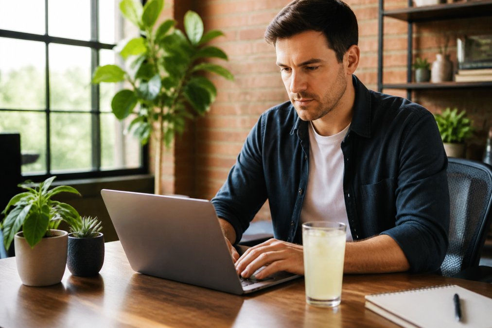 A person working at a desk with a glass of electrolyte drink and a laptop, looking focused and energized in a bright home office