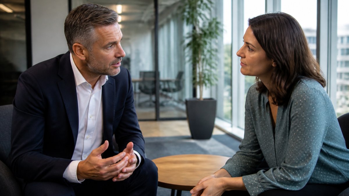 Professional manager having one-to-one conversation with engaged team member in modern office setting, both leaning forward attentively with natural window lighting