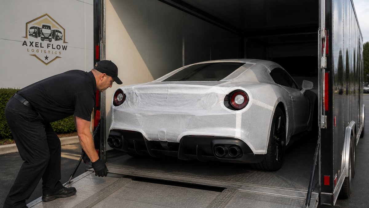 Infographic showing the step-by-step process of loading a luxury sports car for enclosed vehicle transport